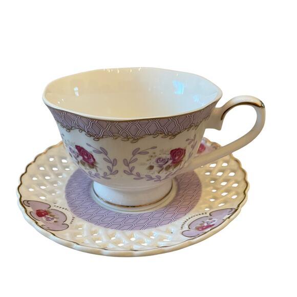 Grace Teaware Teacup & Saucer Floral Lavender Rose Lattice Gold Accents New - Picture 16 of 16